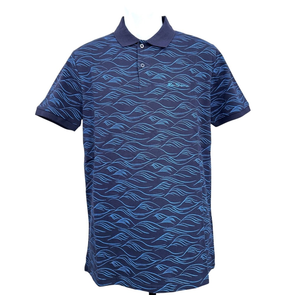 Ben Sherman Polo Shirt Short Sleeve Marine Blue Wave Men's Small Regular Fit NWT